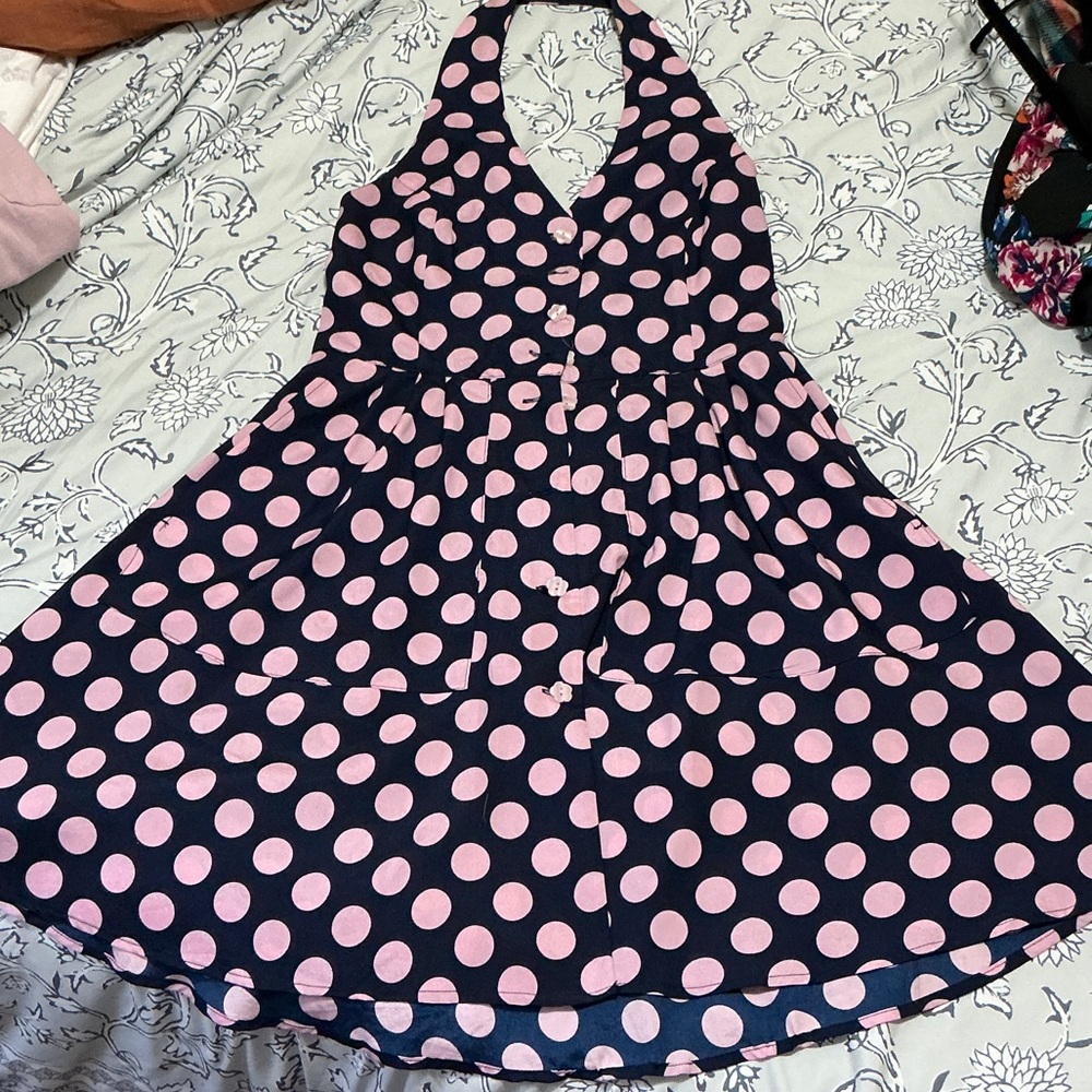 Monteau Navy and Pink Polka Dot Mini Dress